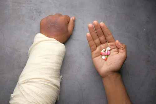 Persons arm that is wrapped up from an overexertion injury on the job. The other hand is holding pills.